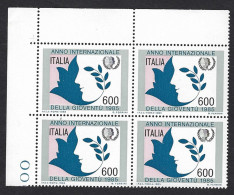 Italia 1985; Anno Internazionale Della Gioventù: Quartina Di Angolo Superiore. - 1981-90: Mint/hinged