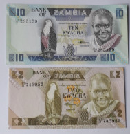 ZAMBIA - 2/10  KWACHA - P 24, P 26 (1980-1988) - 2 PCS  - UNC - BANKNOTES - PAPER MONEY - CARTAMONETA - - Zambie