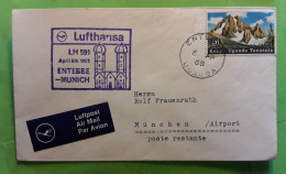 Uganda ENTEBEE Lufthansa LH 591 Airmail Flight Cover .Mount Kenya 50 C Stamp > Munchen 1968 , TB - Uganda (1962-...)