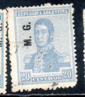 ARGENTINA 1918 1919 OFFICIAL DEPARTMENT STAMP OVERPRINTED M.G. MINISTRY OF WAR MG 20c USED USADO - Dienstzegels