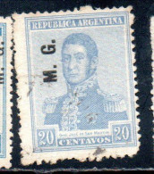 ARGENTINA 1918 1919 OFFICIAL DEPARTMENT STAMP OVERPRINTED M.G. MINISTRY OF WAR MG 20c USED USADO - Dienstmarken