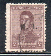 ARGENTINA 1915 1917 OFFICIAL DEPARTMENT STAMP OVERPRINTED M.I. MINISTRY OF INTERIOR MI 2c USED USADO - Dienstmarken