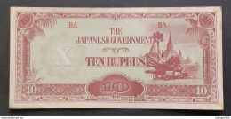 BANKNOTE BURMA MYANMAR JAPANESE GOVERNMENT 10 RUPEE 1942 UNCIRCULATED - Japan