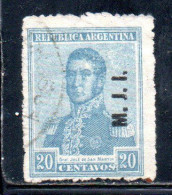 ARGENTINA 1918 1919 OFFICIAL DEPARTMENT STAMP OVERPRINTED M.J.I. MINISTRY OFJUSTICE AND INSTRUCTION MJI 20c USED USADO - Servizio