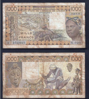 1000 Francs CFA, 1989 A, Côte D' Ivoire, K.020, A 252841, Oberthur, P#_07, Banque Centrale États De L'Afrique De L'Ouest - Stati Dell'Africa Occidentale