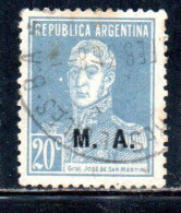 ARGENTINA 1923 1931 OFFICIAL DEPARTMENT STAMP OVERPRINTED M.A. MINISTRY OF AGRICULTURE MA 20c USED USADO - Oficiales