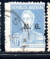 ARGENTINA 1923 1931 OFFICIAL DEPARTMENT STAMP OVERPRINTED M.G. MINISTRY OF WAR MG 20c USED USADO - Dienstmarken
