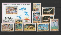 Maldives 1992 Olympic Games Barcelona, Handball, Table Tennis, Swimming, Etc. Set Of 9 + S/s MNH - Ete 1992: Barcelone