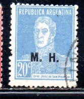ARGENTINA 1923 1931 OFFICIAL DEPARTMENT STAMP OVERPRINTED M.H. MINISTRY OF FINANCE MH 20c USED USADO - Dienstzegels