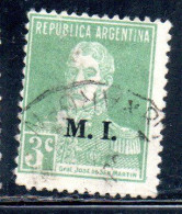 ARGENTINA 1923 1931 OFFICIAL DEPARTMENT STAMP OVERPRINTED M.I. MINISTRY OF INTERIOR MI 3c USED USADO - Service