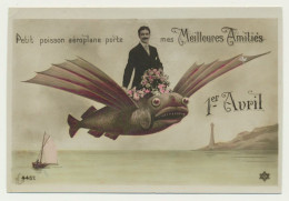 Carte Fantaisie Homme Sur Poisson Aéroplane  - 1er Avril - 1er Avril - Poisson D'avril