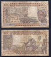 1000 Francs CFA, 1989 A, Côte D' Ivoire, M.021, A 652070, Oberthur, P#_07, Banque Centrale États De L'Afrique De L'Ouest - Stati Dell'Africa Occidentale