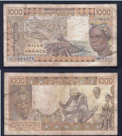 1000 Francs CFA, 1989 A, Côte D' Ivoire, M.021, A 194875, Oberthur, P#_07, Banque Centrale États De L'Afrique De L'Ouest - Westafrikanischer Staaten