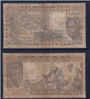 1000 Francs CFA, 1989 A, Côte D' Ivoire, N.020, A 870314, Oberthur, P#_07, Banque Centrale États De L'Afrique De L'Ouest - Estados De Africa Occidental