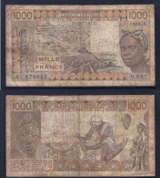 1000 Francs CFA, 1989 A, Côte D' Ivoire, N.021, A 673615, Oberthur, P#_07, Banque Centrale États De L'Afrique De L'Ouest - Stati Dell'Africa Occidentale