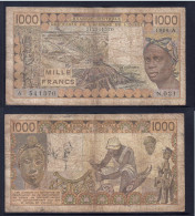 1000 Francs CFA, 1989 A, Côte D' Ivoire, N.021, A 541570, Oberthur, P#_07, Banque Centrale États De L'Afrique De L'Ouest - Stati Dell'Africa Occidentale