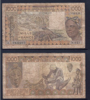 1000 Francs CFA, 1989 A, Côte D' Ivoire, N.021, A 788297, Oberthur, P#_07, Banque Centrale États De L'Afrique De L'Ouest - Stati Dell'Africa Occidentale