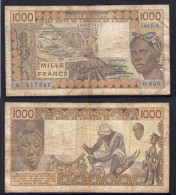 1000 Francs CFA, 1989 A, Côte D' Ivoire, O.020, A 117341, Oberthur, P#_07, Banque Centrale États De L'Afrique De L'Ouest - États D'Afrique De L'Ouest