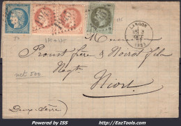 FRANCE N°25+26x2+37 SUR LETTRE GC 1945 LANGON GIRONDE AVEC CAD TYPE 16 DU 03/10/1871 - 1870 Beleg Van Parijs