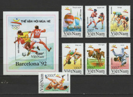 Vietnam 1991 Olympic Games Barcelona, Football Soccer, Cycling, Judo, Equestrian Etc. Set Of 7 + S/s MNH - Summer 1992: Barcelona