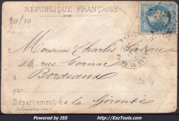 FRANCE N°29B SUR CP PAR BALLON MONTÉ AVEC CACHET ETOILE 1 + CAD DU 30/10/1870 - 1863-1870 Napoleon III Gelauwerd