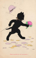 Chat Noir Humanisé * CPA Illustrateur * Mode Chapeau Hat Canne Fleurs * Chats Cat Katze Noirs Humanisés - Katzen
