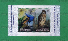 INDIA 2023 Inde Indien - JOINT ISSUE With MAURITIUS - BIRDS 1v M/S MNH ** - INDIAN PEACOCK, KESTREL, Diplomatic Relation - Pavoni