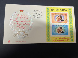 5-4-2024 (1 Z 9) FDC (2 Cover) 1973 (H.R.H Princess Anne Royal Wedding) Dominica (m/s On Cover + 1 Cover) - Familles Royales