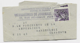 FRANCE MERCURE 40C PREO SEUL PETITE BANDE COMPLETE 1943 POUR CHARENTE AU TARIF - 1938-42 Mercure