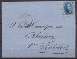 L. Affr. N°15 Lpts "197" Càd JEMEPPE /14 NOV 1865 Pour BLEYBERG Par Herbesthal (au Dos: Càd MONTZEN & HERBESTHAL) - 1863-1864 Médaillons (13/16)