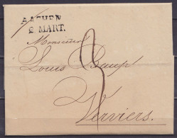 L. Datée 2 Mars 1822 De AACHEN Pour VERVIERS - Griffe Date "AACHEN /2 MART." - Port "3" (au Dos: Griffe Légère "HENRI CH - 1815-1830 (Dutch Period)