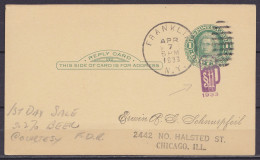 USA - EP CP "Reply Card" 1c Vert Martha Washington Càd (1e Jour) FRANKLIN /APR 7 1933 N.Y. & Cachet Verre De Bière "§11  - Storia Postale