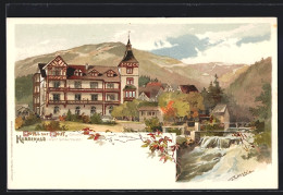Lithographie Herrenalb, Hotel Zur Post Mit Bewaldeten Hügeln Im Hintergrund  - Bad Herrenalb