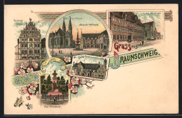 Lithographie Braunschweig, Gewandhaus, Martini-Kirche, Alstadt-Rathaus, Burg-Dankwarderode, Wolters Hofbrauhaus  - Braunschweig