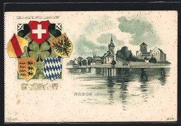 Lithographie Arbon / Bodensee, Teilansicht Mit Kirche, Verschiedene Wappen  - Arbon