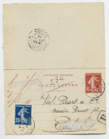 ENTIER 10C SEMEUSE CARTE LETTRE REPIQUAGE HUISSIER LEMATTRE MONTREUIL PAS DE CALAIS + SEMEUSE 25C BLEU NOIR 1908  PERNOD - Letter Cards