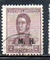 ARGENTINA 1923 OFFICIAL DEPARTMENT STAMP OVERPRINTED M.H. MINISTRY OF FINANCE MH 2c USED USADO - Servizio