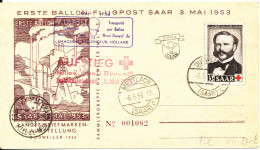 Saar Erste Ballon Flugpost 3-5-1953 With RED CROSS Henri Dunant Stamp - Cartas & Documentos