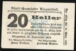 Notgeld Klagenfurt 1919, 20 Heller, Bürgermeister Friedrich Wetzlar  - Austria