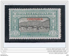 CIRENAICA:  1924  MANZONI  -  15 C. VERDE  E  NERO  T.L. -  SASS. 12 - Cirenaica