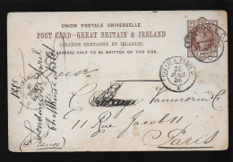 Carte Entier Postal One Penny London Vers Paris + Cachet Convoyeur Calais à Paris E En 1885 - Stamped Stationery, Airletters & Aerogrammes