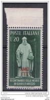 TRIESTE  A:  1950  G. D' AREZZO  -  £. 20  VERDE  SCURO  N. -  SASS. 79 - Mint/hinged