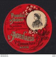 X21- ETIQUETTE - AGEN - PRUNES D'AGEN L'AGENAISE - FOURRÉES GLACÉES - VVE BOISSON & FILS - RONDE 7 X 7 - Fruits & Vegetables