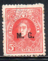 ARGENTINA 1917 OFFICIAL DEPARTMENT STAMP OVERPRINTED M.G. MINISTRY OF WAR MG 5c USED USADO - Dienstmarken