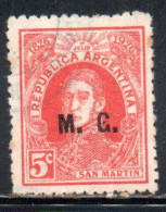 ARGENTINA 1917 OFFICIAL DEPARTMENT STAMP OVERPRINTED M.G. MINISTRY OF WAR MG 5c USED USADO - Service