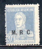 ARGENTINA 1923 1931 OFFICIAL DEPARTMENT STAMP OVERPRINTED M.R.C. MINISTRY OF FOREIGN AFFAIRS AND RELIGION MRC 20c MH - Servizio