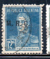 ARGENTINA 1923 1931 OFFICIAL DEPARTMENT STAMP OVERPRINTED M.R.C. MINISTRY OF FOREIGN AFFAIRS RELIGION MRC 12c USED USADO - Oficiales