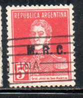 ARGENTINA 1923 1931 OFFICIAL DEPARTMENT STAMP OVERPRINTED M.R.C. MINISTRY OF FOREIGN AFFAIRS RELIGION MRC 5c USED USADO - Officials