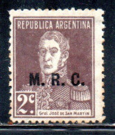 ARGENTINA 1923 1931 OFFICIAL DEPARTMENT STAMP OVERPRINTED M.R.C. MINISTRY OF FOREIGN AFFAIRS AND RELIGION MRC 2c MH - Dienstzegels