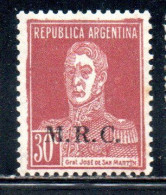 ARGENTINA 1923 1931 OFFICIAL DEPARTMENT STAMP OVERPRINTED M.R.C. MINISTRY OF FOREIGN AFFAIRS AND RELIGION MRC 30c MH - Service